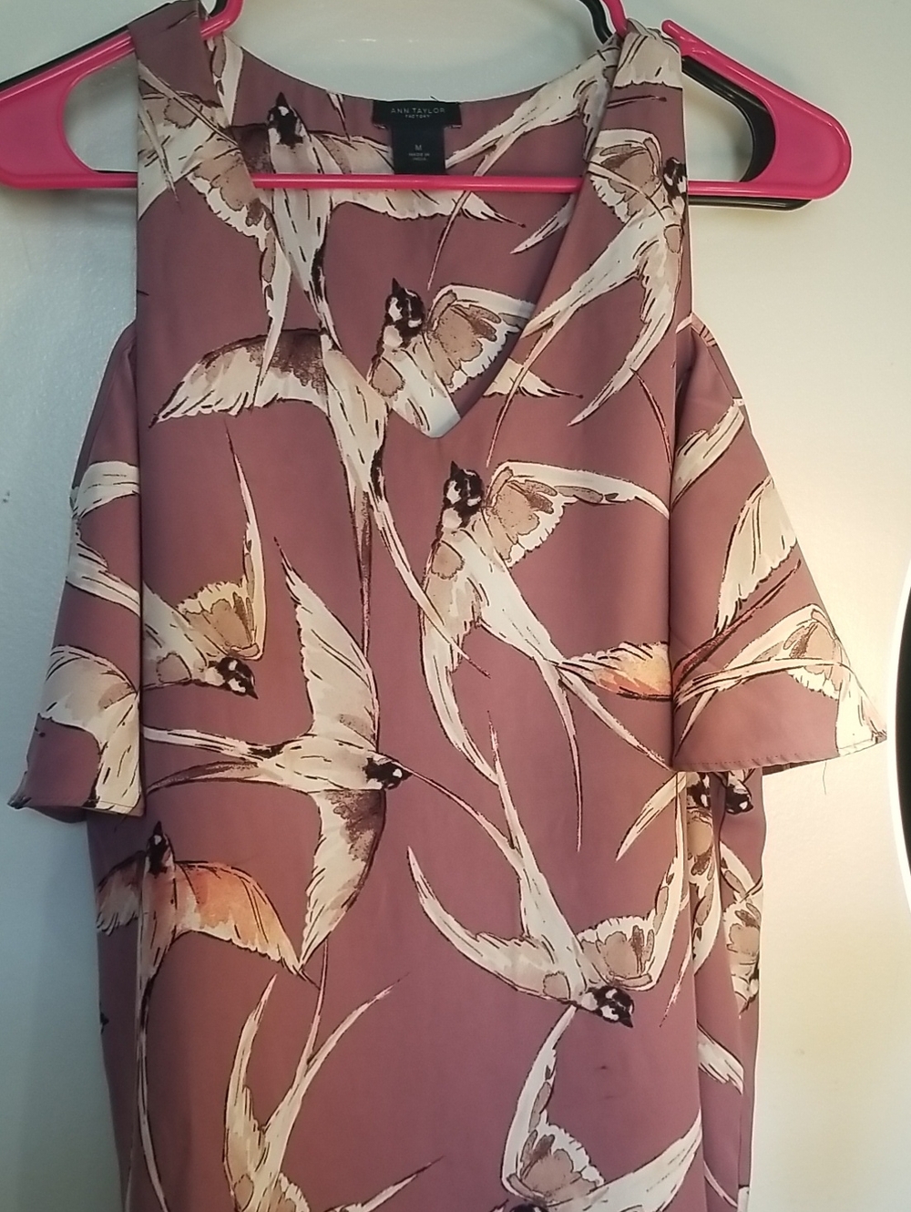 Ann Taylor Mauve Cold-Shoulder Bird-Print Blouse